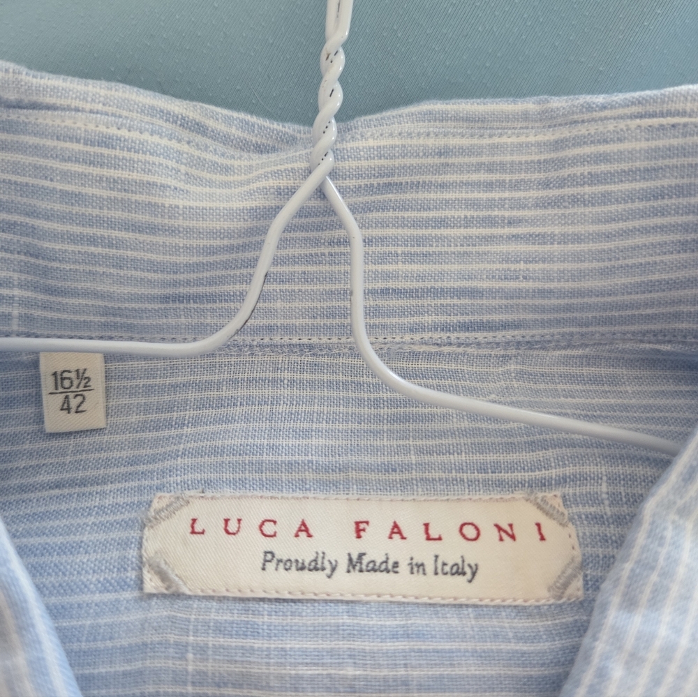 Luca Faloni Made in Italy Light Blue Men's Long-Sleeve Linen Button-Up Shirt - Picture 3 of 4